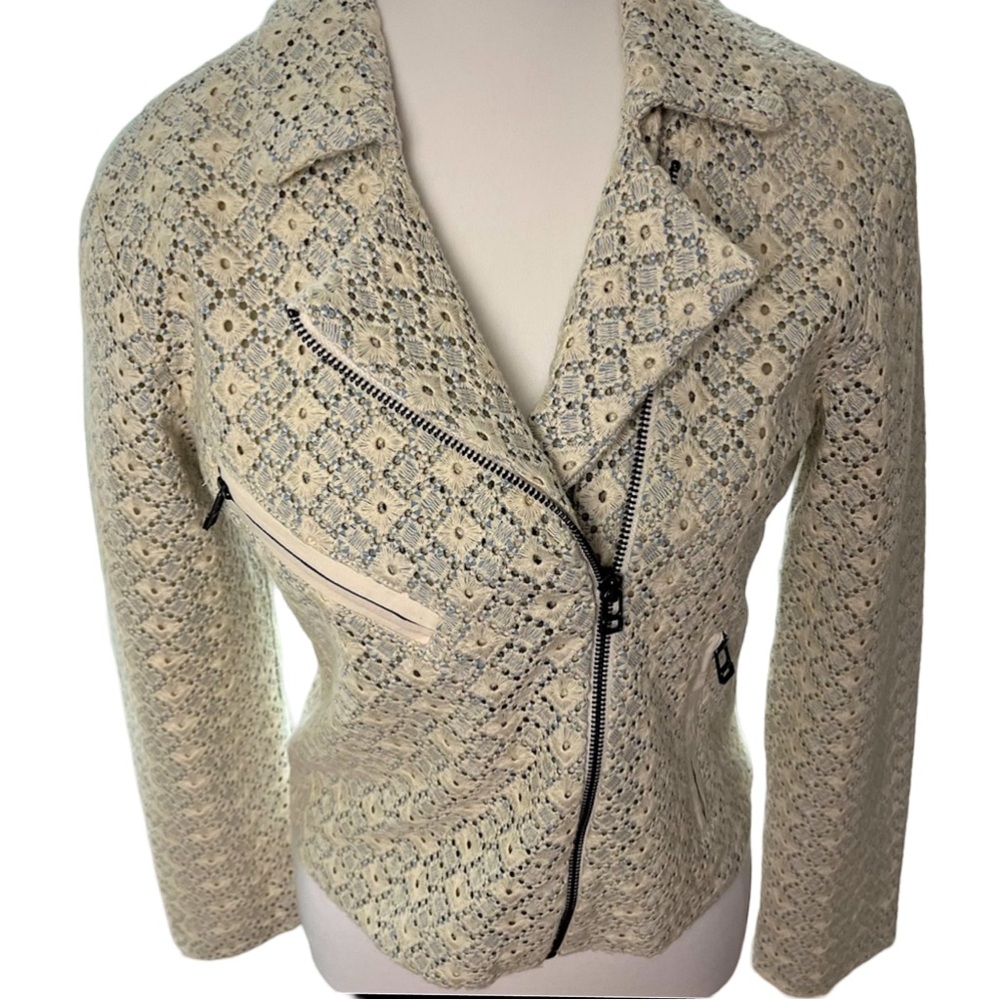 Dolan Cropped Asymmetrical Zip Jacket Cotton Eyelet Woven Size S Feminine